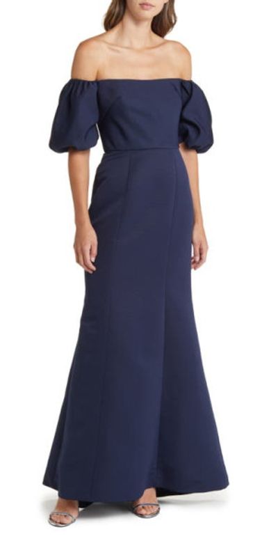 Amsale - Fai Off the Shoulder Puff Sleeve Mermaid Gown in Navy