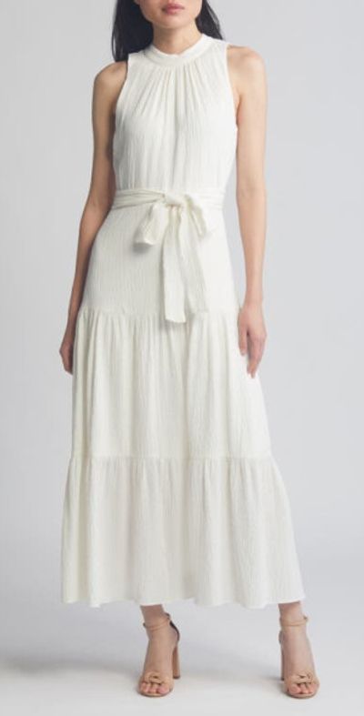 Anne Klein Crinkle Mock Neck Tiered Maxi Dress in Bright White