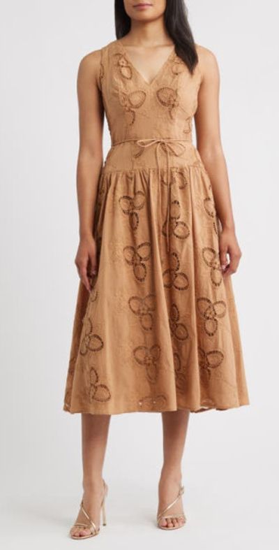 Anne Klein - Embroidered Sleeveless Midi Dress in Ginger Root at Nordstrom,  Size 0