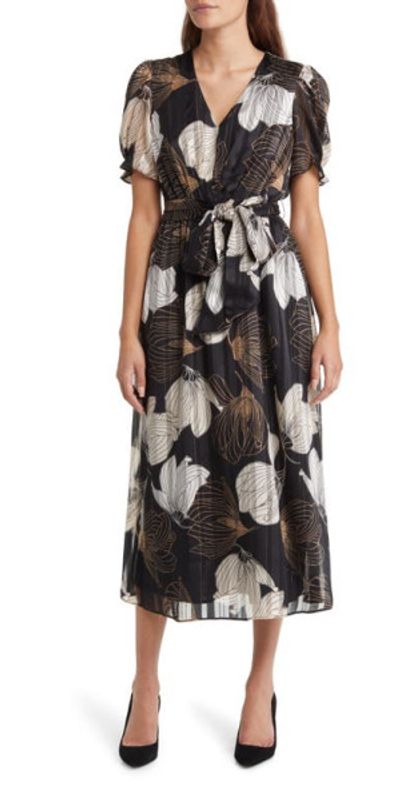 Anne Klein Metallic Floral Puff Sleeve Midi Dress in Anne Black