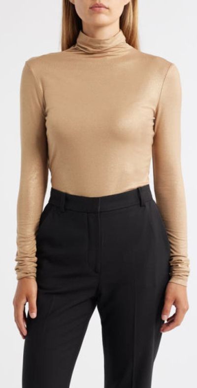 Anne Klein Shimmer Turtleneck Long Sleeve Top in Light Coffee