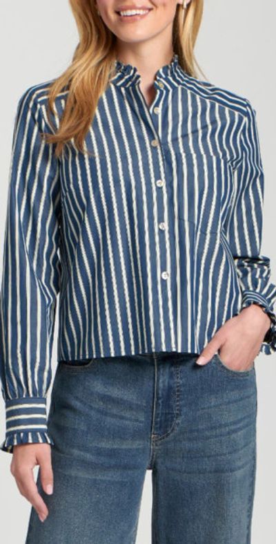 APNY APNY Stripe Ruffle Trim Cotton Button-Up Shirt in Navy/Off White at Nordstrom, Size Medium