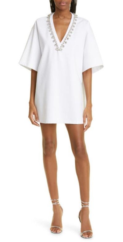 Area Crystal V-Neck Ponte Knit T-Shirt Minidress in White at