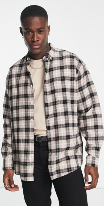 ASOS DESIGN '90s Check Oversize Flannel Button-Down Shirt in Beige