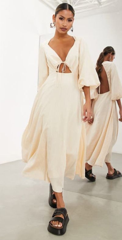 ASOS DESIGN - Edition Cutout Tie Front Dress in Cream at Nordstrom