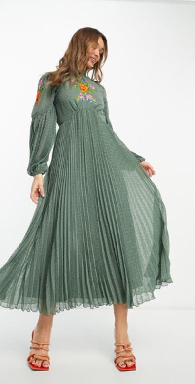 ASOS DESIGN Floral Embroidered Long Sleeve Chiffon Midi Dress in - Main Image
