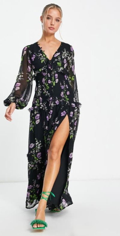 knee length dresses for ladies Asos Design Flutter Sleeve Maxi Dress With Trailing Floral Embellishment In  Blue