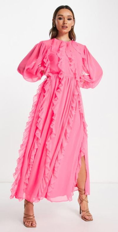 ASOS DESIGN Ruffle Detail Long Sleeve Maxi Dress in Bright Pink