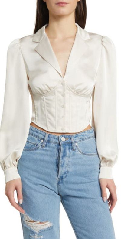 ASTR the Label Balloon Sleeve Crop Satin Corset Top in Off White