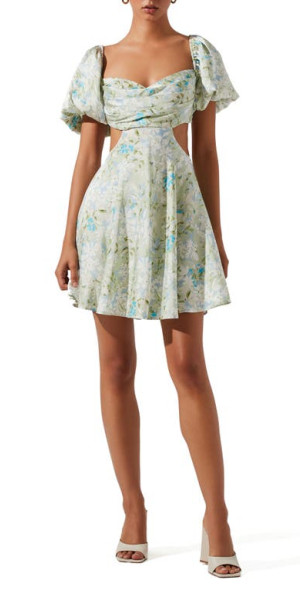 ASTR the Label Clarita Floral Puff Sleeve Cutout Dress in Green