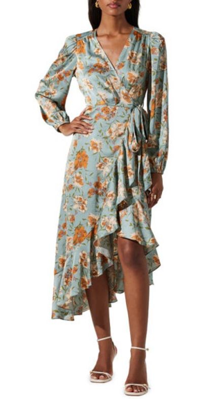ASTR the Label - Floral Satin Long Sleeve Wrap Dress in Dusty Blue Floral  at Nordstrom