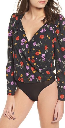 ASTR the Label ASTR the Label Wrap Bodysuit in Black Multi Floral at Nordstrom, Size Large