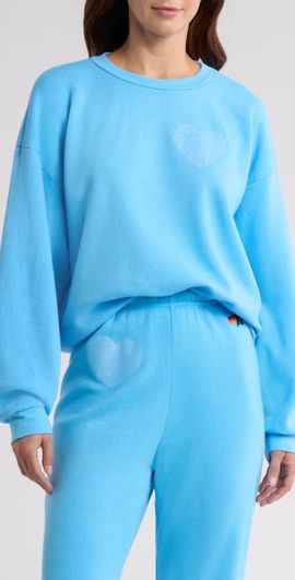 Aviator Nation Aviator Nation Glitter Heart Crewneck Sweatshirt in Sky/Blue at Nordstrom, Size X-Small