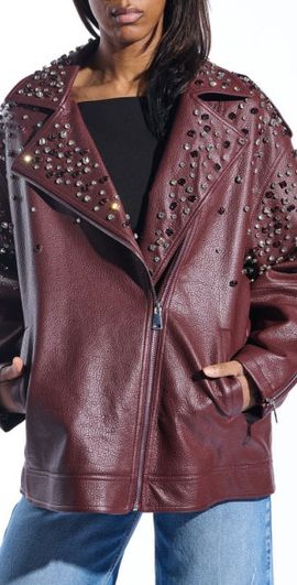 AZALEA WANG AZALEA WANG Crystal Studded Oversize Faux Leather Moto Jacket in Burgundy at Nordstrom, Size X-Large