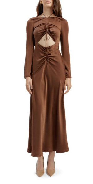 Bardot Daring Ruched Long Sleeve Cutout Midi Dress in Chocolate at Nordstrom Size 2