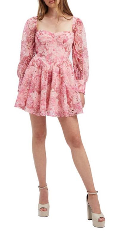 Bardot Lila Eyelet Corset Long Sleeve Minidress in Pink Garden