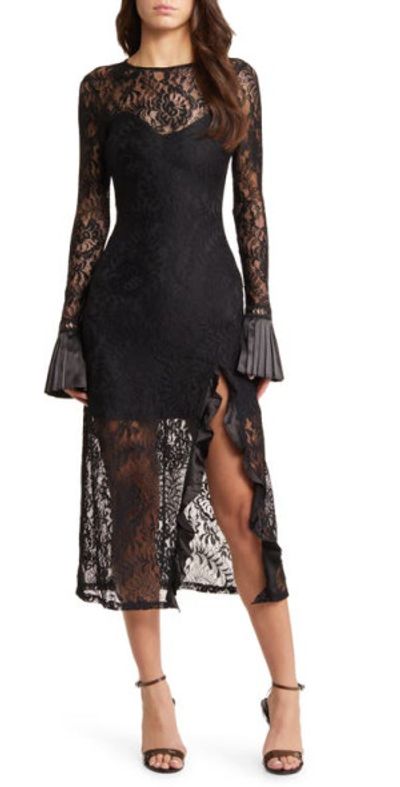 bebe Lace High Slit Bell Long Sleeve Midi Dress in Black at