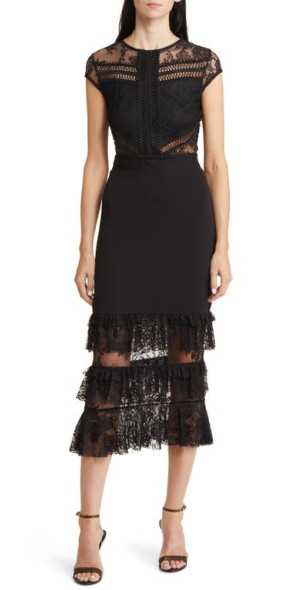 Robe Longue Maxi Bebe Isabel Dentelle Noire – Taille S, Neuve Avec étiquettes, Style à Volants