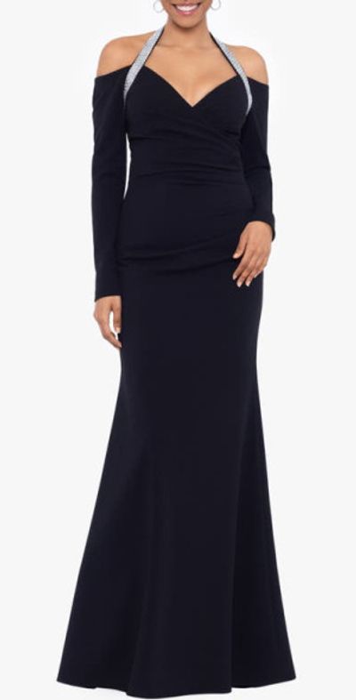 Betsy & Adam - Rhinestone Halter Neck Long Sleeve Gown in Black at Nordstrom