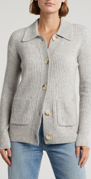 Bobeau Collared Rib Cardigan in Light Heather Grey at Nordstrom Size Medium