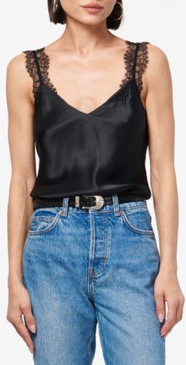 CAMI NYC CAMI NYC Marlo Lace Trim Silk Charmeuse Tank in Black at Nordstrom, Size X-Small