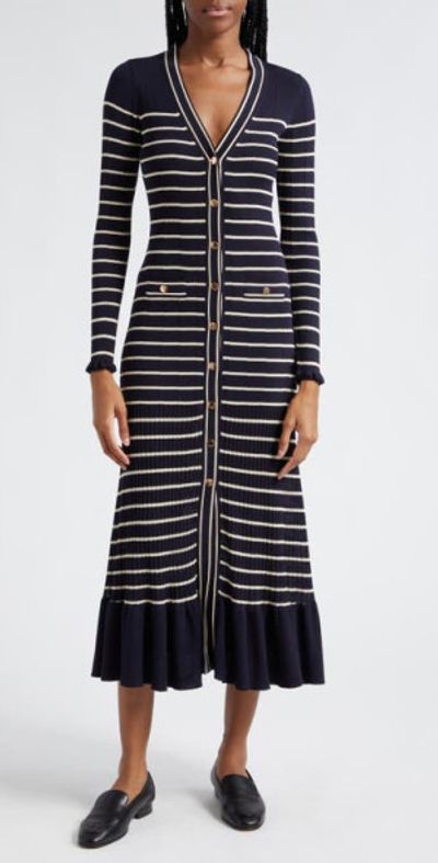 Cara Cara Marina Stripe Long Sleeve Midi Sweater Dress in Navy