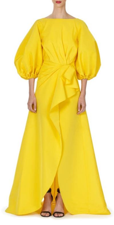 carolina herrera yellow silk dress $4290 Carolina Herrera [ 4 ] Shirred Puff Sleeve Silk Sarong Gown Yellow  J2262