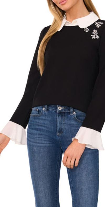 CeCe CeCe Embellished Layered Look Sweater in Rich Black at Nordstrom, Size X-Small