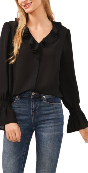 Nordstrom Cece Ruffle Top CeCe Ruffle V-Neck Top In Rich Black At