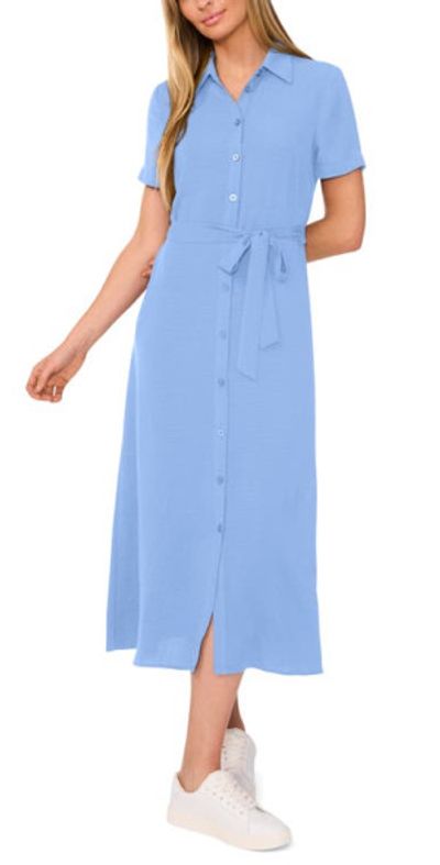 CeCe CeCe Tie Belt Button-Up Twill Midi Dress in Blue Jay at Nordstrom, Size Medium