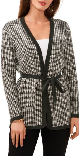 Chaus Chaus Houndstooth Belted Cotton Cardigan in Moss at Nordstrom