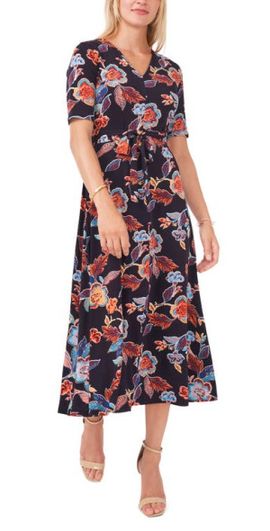 Chaus Chaus V-Neck Faux Wrap Midi Dress in Navy Blue/Multi