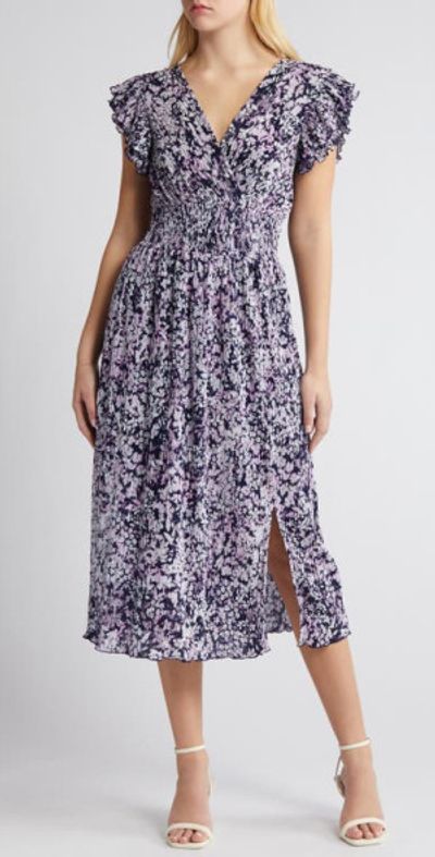 Chelsea28 - Flutter Sleeve Pliss Midi Dress in Navy Emile Floral at Nordstrom Chelsea28 - Flutter Sleeve Pliss Midi Dress in Navy Emile Floral at Nordstrom
