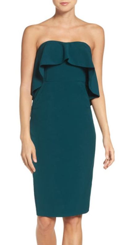 Chelsea28 - Ruffle Strapless Stretch Crepe Sheath Dress in Green Ponderosa  at Nordstrom