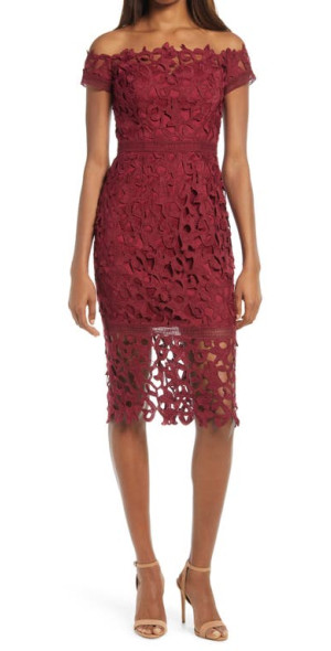 Chi Chi London Off the Shoulder Cocktail Dress in Burgundy at Nordstrom