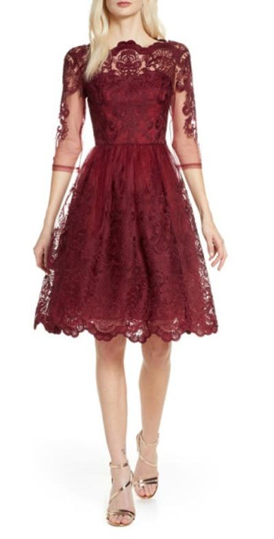 Chi Chi London - Rosalita Lace Fit & Flare Dress in Burgundy