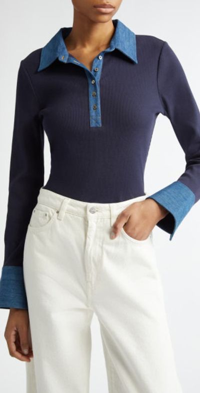 Cinq à Sept Cinq à Sept Jaden Denim Collar Shirt in Navy/Medium Wash at Nordstrom, Size X-Small
