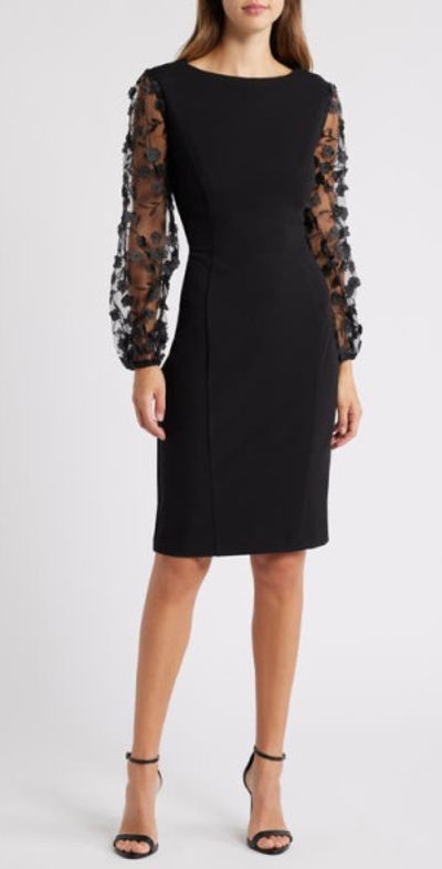Connected Apparel Connected Apparel Floral Mesh Sleeve Sheath Dress in Black at Nordstrom, Size 4