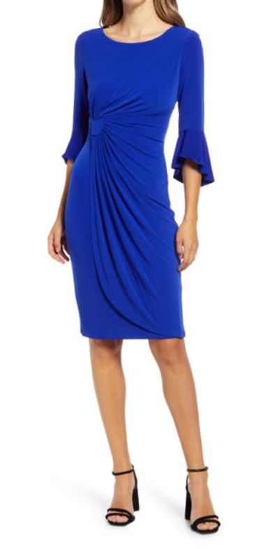Connected Apparel Connected Apparel Ruched Bell Sleeve Faux Wrap Cocktail Dress in Deep Cobalt