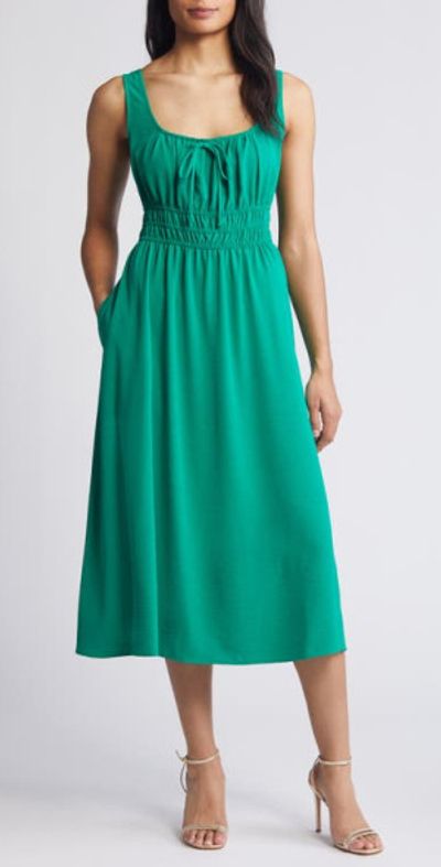 Connected Apparel Shirred Waist Midi Dress in Green at Nordstrom