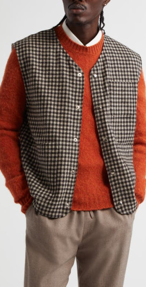 トップス sketch check tweed vest Harris Tweed of Scotland Dark Blue Windowpane Check Tweed Vest