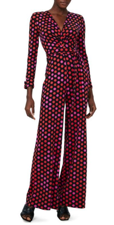 Diane von Furstenberg - Rose Marie Print Tie Waist Long Sleeve Jumpsuit in  Magic Dot Berry Red