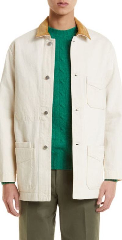 Drake's Corduroy Collar Heavy Cotton Twill Chore Coat in Ecru