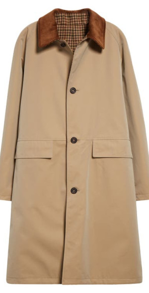 Drake's - Reversible Corduroy Collar Mac Jacket in Beige/Check at
