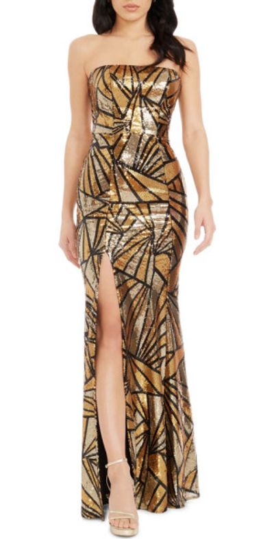 Dress the Population - Janelle Abstract Print Sequin Strapless Trumpet Gown  in Gold Multi at Nordstrom, Size Xx-Small
