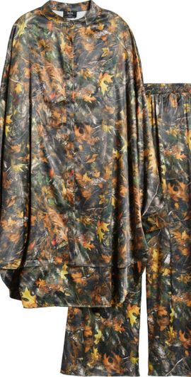 Dressed in Lala Dressed in Lala Camo Leaf Print Oversize Satin Button-Up Shirt & Pants Set at Nordstrom, Size Large