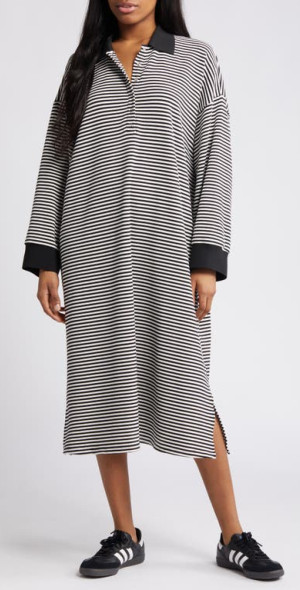 Dressed in Lala - Oversize Stripe Long Sleeve Polo Dress in Black