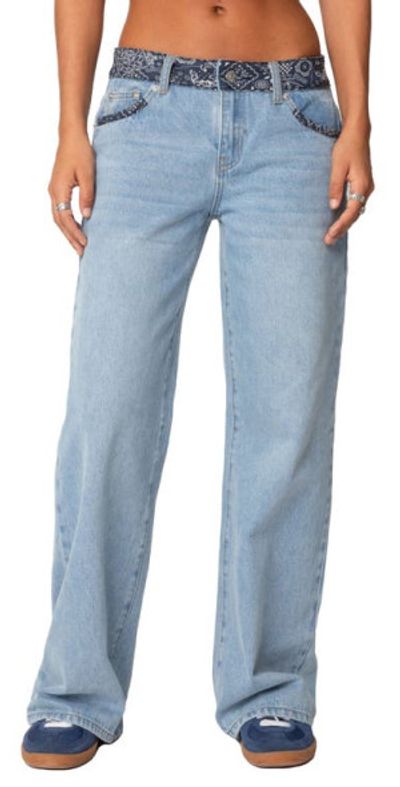 EDIKTED EDIKTED Bandana Bliss Low Rise Wide Leg Jeans in Blue-Washed at Nordstrom, Size X-Small