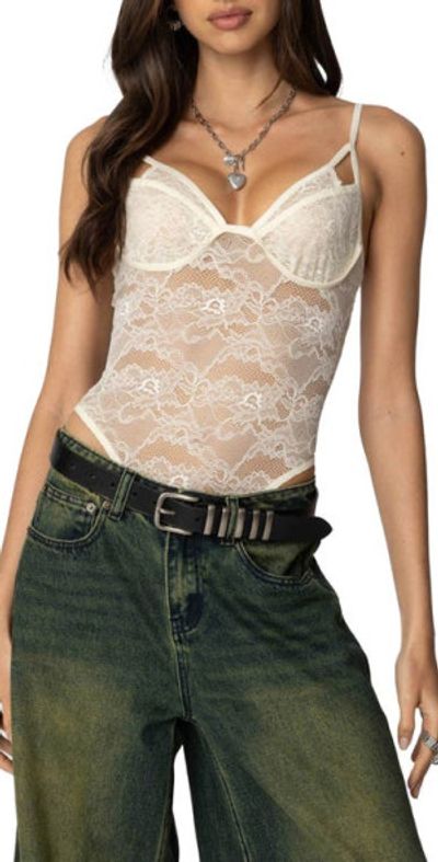 EDIKTED EDIKTED Cutout Lace Bodysuit in Cream at Nordstrom, Size X-Small