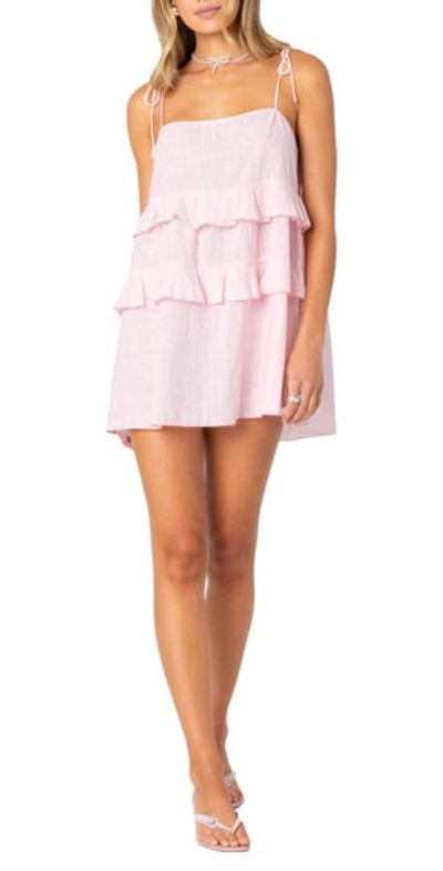 EDIKTED EDIKTED Dorothia Tiered Ruffle Cotton Minidress in Light-Pink at Nordstrom, Size X-Small